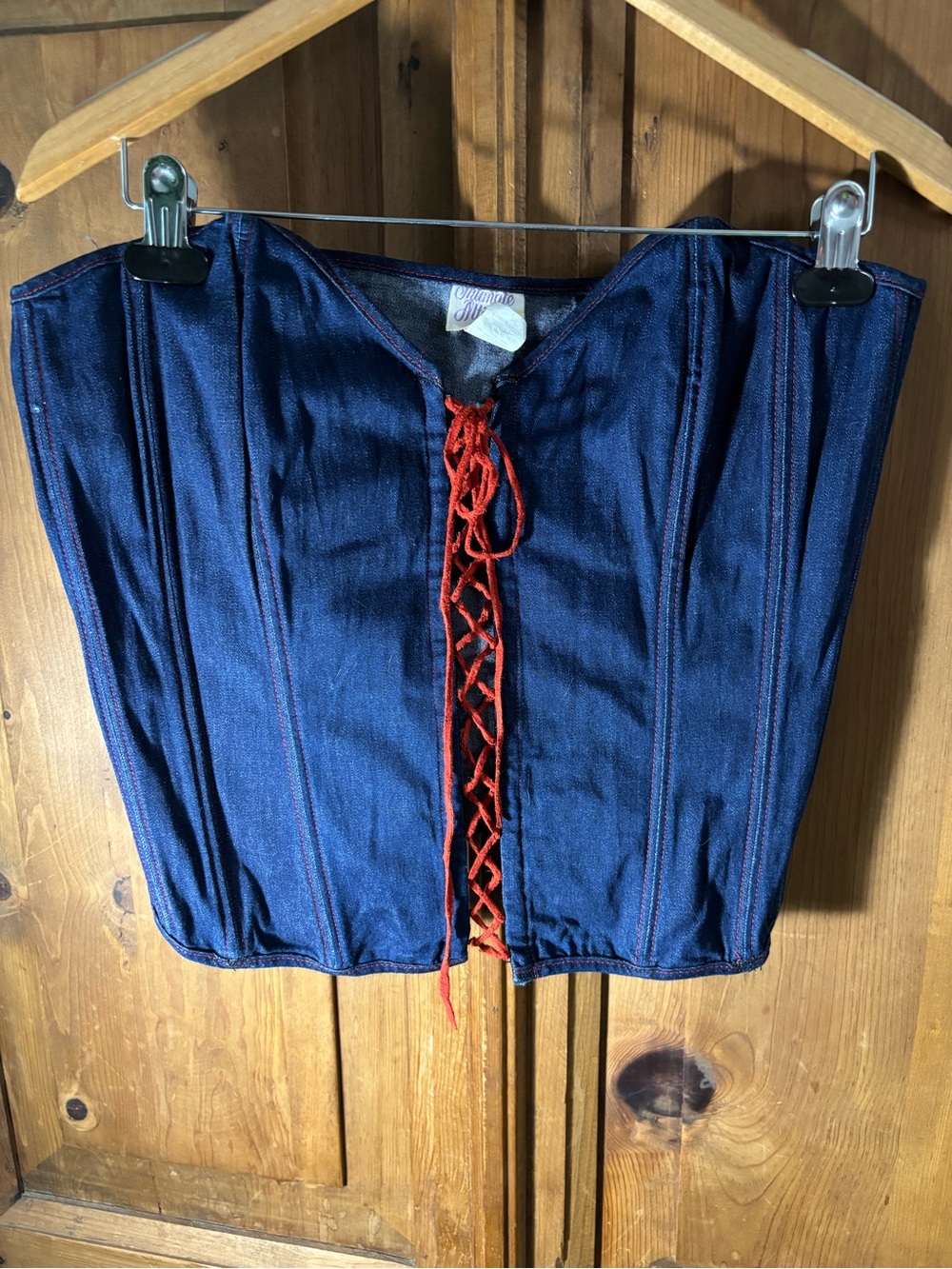 Vintage Women's Dark Blue Denim Corset Top with Red Lace-Up